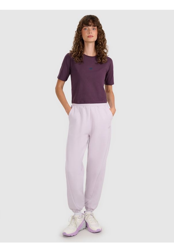 4f - 4F Crop-top slim gładki damski - fioletowy XXL. Okazja: na co dzień. Kolor: fioletowy. Materiał: bawełna, jersey. Długość rękawa: krótki rękaw. Długość: krótkie. Wzór: gładki. Styl: casual, sportowy