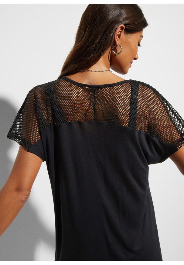 bonprix - Tunika plażowa z lejącej wiskozy. Okazja: na plażę. Kolor: czarny. Materiał: wiskoza, materiał. Długość rękawa: krótki rękaw. Długość: długie