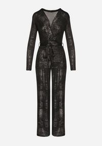 Born2be - Czarno-Złoty Kopertowy Kombinezon z Wiskozą Zdobiony Wiązanym Paskiem Nalissa. Okazja: na co dzień. Kolor: czarny. Materiał: wiskoza. Długość: długie. Wzór: aplikacja. Styl: elegancki, casual #2