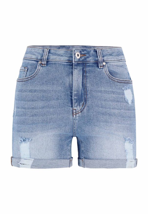 Volcano - Szorty jeansowe z przetarciami, damskie, D-MALY. Stan: podwyższony. Kolor: niebieski. Materiał: jeans. Długość: krótkie. Styl: rockowy, klasyczny, sportowy