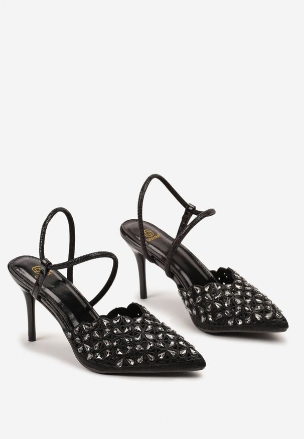 Born2be - Czarne Sandały na Obcasie bez Pięty Ozdobione Cyrkoniami Dimtana. Okazja: na co dzień. Zapięcie: bez zapięcia. Kolor: czarny. Materiał: jeans. Wzór: aplikacja. Obcas: na obcasie. Styl: casual. Wysokość obcasa: średni