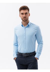 Ombre Clothing - Koszula męska z długim rękawem w drobny wzór REGULAR FIT - błękitna V4 K629 - XL. Kolor: niebieski. Materiał: bawełna, poliester, elastan. Długość rękawa: długi rękaw. Długość: długie. Wzór: nadruk