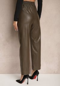 Renee - Brązowe Szerokie Spodnie High Waist z Imitacji Skóry Narlemi. Okazja: na co dzień. Stan: podwyższony. Kolor: brązowy. Materiał: skóra. Styl: elegancki, casual #5