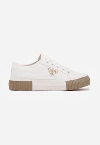 Born2be - Biało-Beżowe Trampki VICES na Grubej Podeszwie z Tłoczeniami z Trójkątną Aplikacją Bolirea. Nosek buta: okrągły. Zapięcie: sznurówki. Kolor: biały. Materiał: materiał. Wzór: aplikacja. Obcas: na obcasie. Wysokość obcasa: niski #2