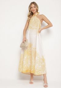 Born2be - Żółta Sukienka z Wiskozą i Motywem Palm z Wiązaniem Izomara. Okazja: na co dzień, na spacer. Kolor: żółty. Materiał: wiskoza. Sezon: lato. Styl: casual, elegancki #4