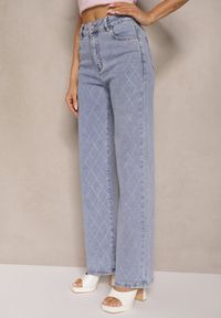 Renee - Niebieskie Jeansy Szerokie Ozdobione Cyrkoniami z Bawełną Nelkio. Okazja: na co dzień. Stan: podwyższony. Kolor: niebieski. Wzór: aplikacja. Styl: elegancki, casual