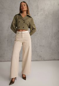 Renee - Beżowe Szerokie Jeansy Bawełniane High Waist Fyrlyss. Okazja: na co dzień. Stan: podwyższony. Kolor: beżowy. Styl: casual, elegancki #1