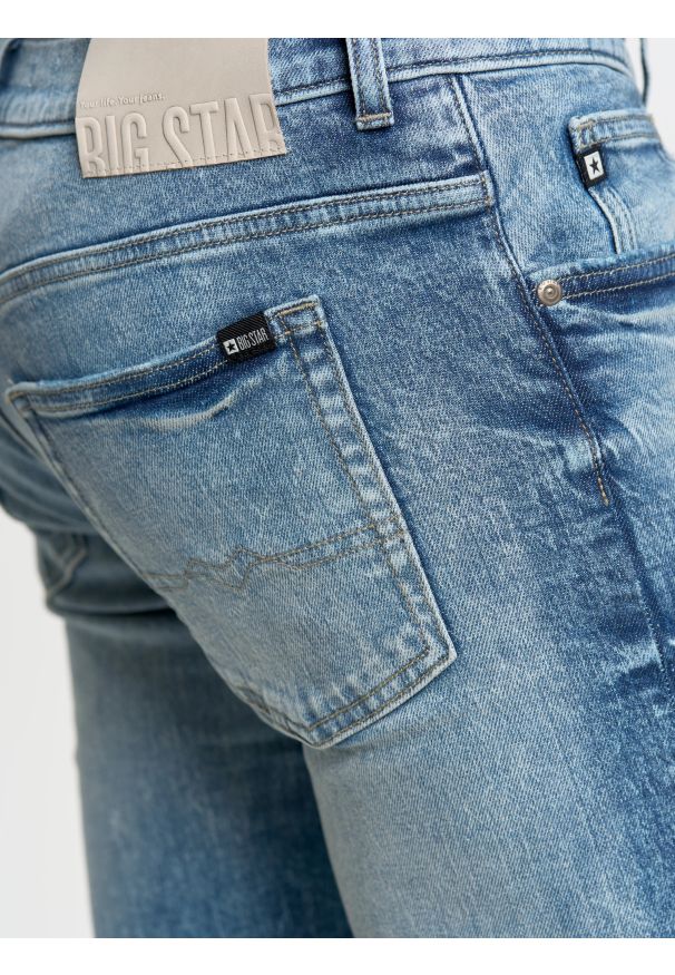 Big-Star - Jeansy męskie skinny z przetarciami niebieskie Owen 141. Okazja: na co dzień. Stan: obniżony. Kolor: niebieski. Wzór: kratka. Styl: casual, klasyczny, retro, sportowy
