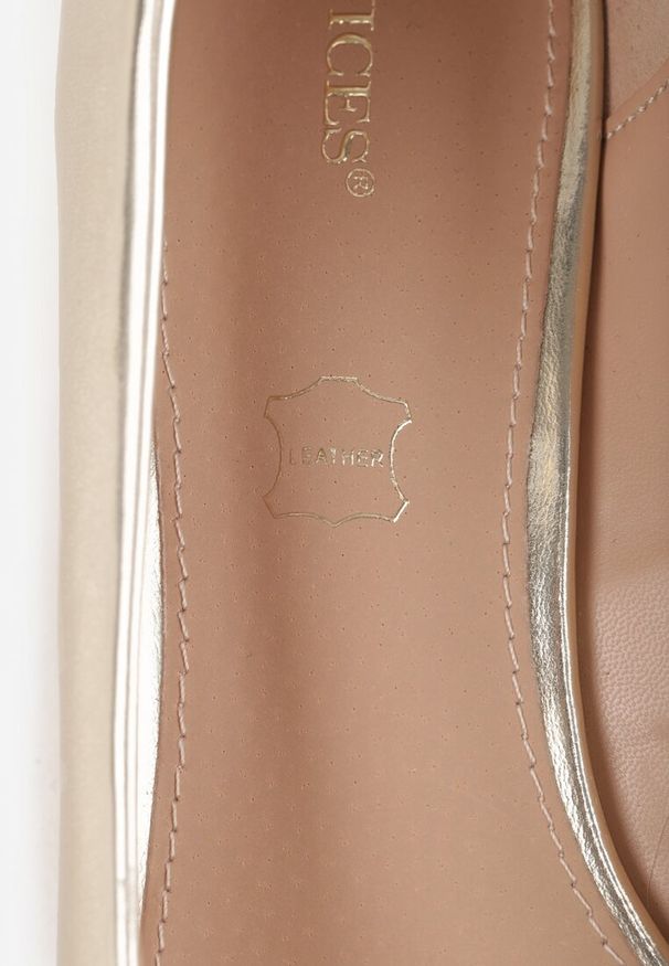 Renee - Złote Czółenka Vices na Słupku ze Skórzaną Wkładką Zizelle. Okazja: na co dzień, na spotkanie biznesowe. Kolor: złoty. Materiał: skóra. Wzór: aplikacja. Obcas: na słupku. Styl: wizytowy, klasyczny, casual, biznesowy, elegancki. Wysokość obcasa: średni