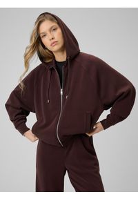 4f - 4F Bluza dresowa regular z modalem damska - brązowa S. Okazja: na co dzień. Typ kołnierza: kaptur. Kolor: brązowy. Materiał: dresówka. Długość rękawa: raglanowy rękaw. Wzór: gładki. Styl: casual #1