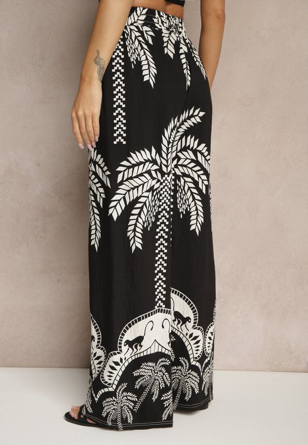 Renee - Czarne Spodnie z Wiskozy o Szerokim Kroju High Waist z Palmami Varritia. Okazja: na co dzień. Stan: podwyższony. Kolor: czarny. Materiał: wiskoza. Sezon: lato. Styl: casual, elegancki