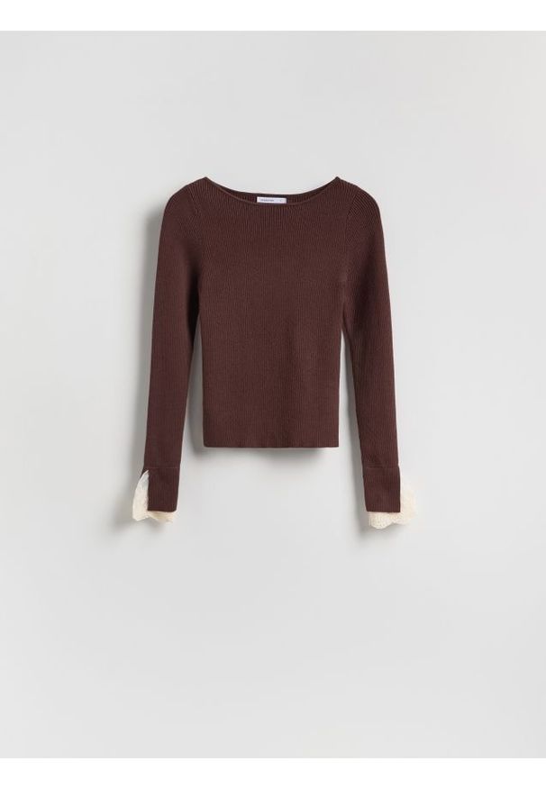 Reserved - Bluzka z ozdobną wstawką - ciemnobrązowy. Kolor: brązowy. Materiał: dzianina, wiskoza