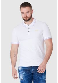 Guess - GUESS Biała męska koszulka polo z wyszywanym logo, Rozmiar S. Typ kołnierza: polo. Kolor: biały. Materiał: prążkowany. Długość rękawa: krótki rękaw. Wzór: aplikacja