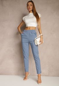Renee - Niebieskie Spodnie z Wiskozą High Waist i Ozdobnymi Napami Redaira. Okazja: na co dzień. Stan: podwyższony. Kolor: niebieski. Materiał: wiskoza. Wzór: aplikacja. Styl: sportowy, elegancki, casual #4