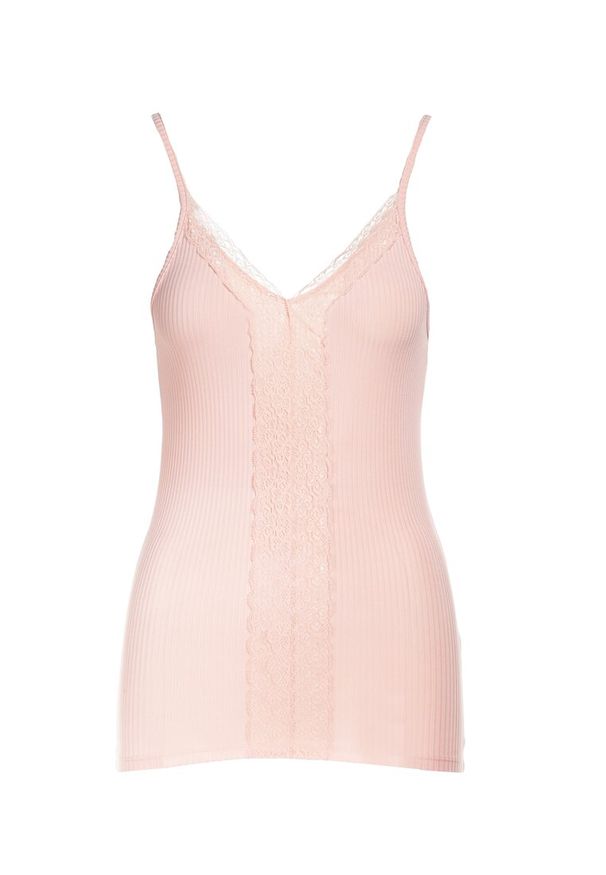Renee - Różowy Top Marinella. Kolor: różowy. Materiał: dzianina, koronka. Długość rękawa: na ramiączkach. Wzór: prążki. Styl: rockowy