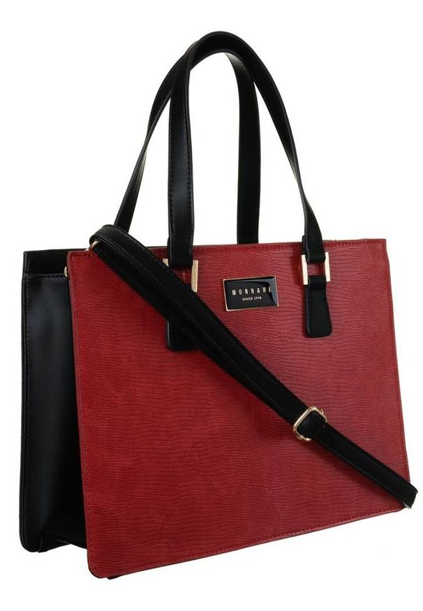 Shopper damski czerwono-czarny Monnari BAG1970-M20. Kolor: czarny, czerwony, wielokolorowy. Wzór: aplikacja. Materiał: skórzane