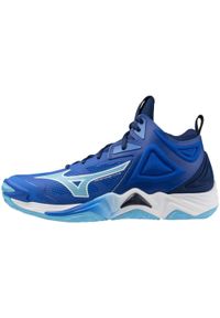 Buty halowe Mizuno Wave Momnetum Mid. Kolor: niebieski, biały, wielokolorowy. Model: Mizuno Wave. Sport: siatkówka, turystyka piesza