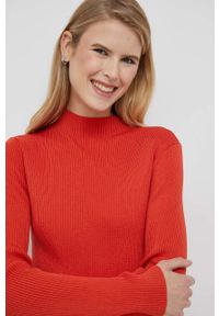 Calvin Klein sukienka kolor pomarańczowy mini dopasowana. Kolor: pomarańczowy. Materiał: dzianina, acetat. Długość rękawa: długi rękaw. Wzór: gładki. Typ sukienki: dopasowane. Długość: mini #5