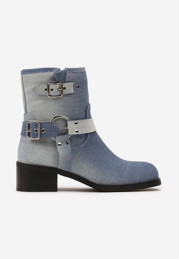 Born2be - Niebieskie Botki w Stylu Biker ze Sprzączkami i Paskami Hannitra. Zapięcie: pasek. Kolor: niebieski. Materiał: jeans, skóra. Wzór: aplikacja