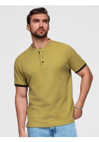 Ombre Clothing - Męski casualowy t-shirt z dekoltem henley i kontrastowym wykończeniem – oliwkowy V11 - Rozmiar: XL. Okazja: na co dzień. Typ kołnierza: bez kołnierzyka, polo, typu henley. Kolor: oliwkowy. Materiał: bawełna. Długość: długie. Styl: casual