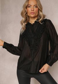 Renee - Czarna Koszula na Guziki z Ozdobną Koronką Raneem. Kolor: czarny. Materiał: koronka. Długość: długie. Wzór: koronka #5