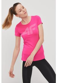 4f - 4F T-shirt damski kolor różowy. Okazja: na co dzień. Kolor: różowy. Materiał: dzianina, włókno. Wzór: nadruk. Styl: casual