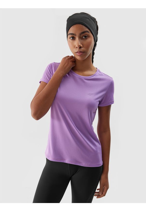 4f - 4F Koszulka do biegania szybkoschnąca damska - fioletowa S. Kolor: fioletowy. Materiał: dzianina, włókno, syntetyk, materiał. Długość: krótkie. Wzór: gładki, ze splotem. Sport: fitness, bieganie