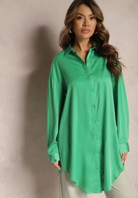 Renee - Zielona Gładka Koszula na Guziki Daphrae. Kolor: zielony. Materiał: materiał. Wzór: gładki