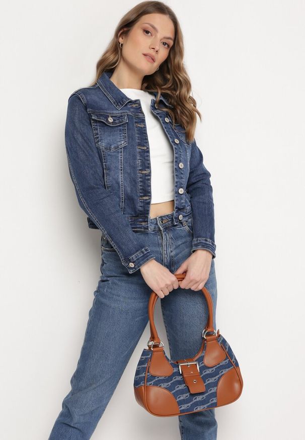 Born2be - Niebieska Torebka Bagietka z Jeansowymi Wstawkami Naklesa. Kolor: niebieski. Wzór: aplikacja. Rozmiar: małe