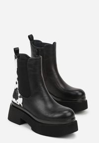 Renee - Czarno-Białe Botki Sztyblety na Platformie Tevirka. Zapięcie: pasek. Kolor: czarny. Materiał: satyna, jeans. Obcas: na platformie #7