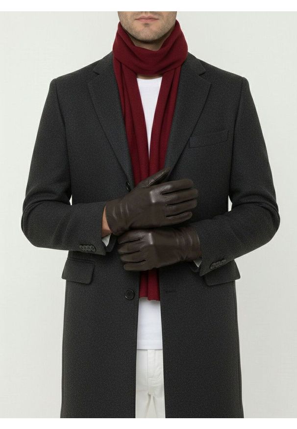 His Story - Brązowe Męskie Skórzane Rękawiczki, Skóra Bydlęca -HIS STORY- Eleganckie, Jesienno-Zimowe, Ocieplane. Kolor: brązowy, beżowy, wielokolorowy. Materiał: skóra. Sezon: zima, jesień. Styl: elegancki