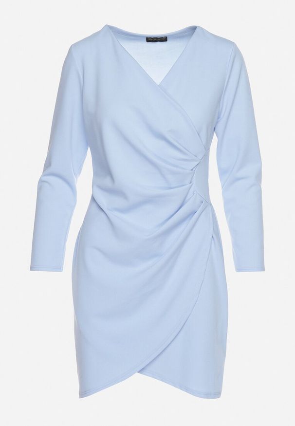Born2be - Niebieska Sukienka Kopertowa z Ozdobnym Marszczeniem Ohildria. Kolor: niebieski. Typ sukienki: kopertowe. Styl: elegancki