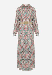 Born2be - Czerwono-Niebieska Sukienka z Guzikami i Plecionym Paskiem z Klamrą Aralty. Kolor: zielony. Długość rękawa: długi rękaw. Sezon: wiosna, lato. Typ sukienki: koszulowe #6