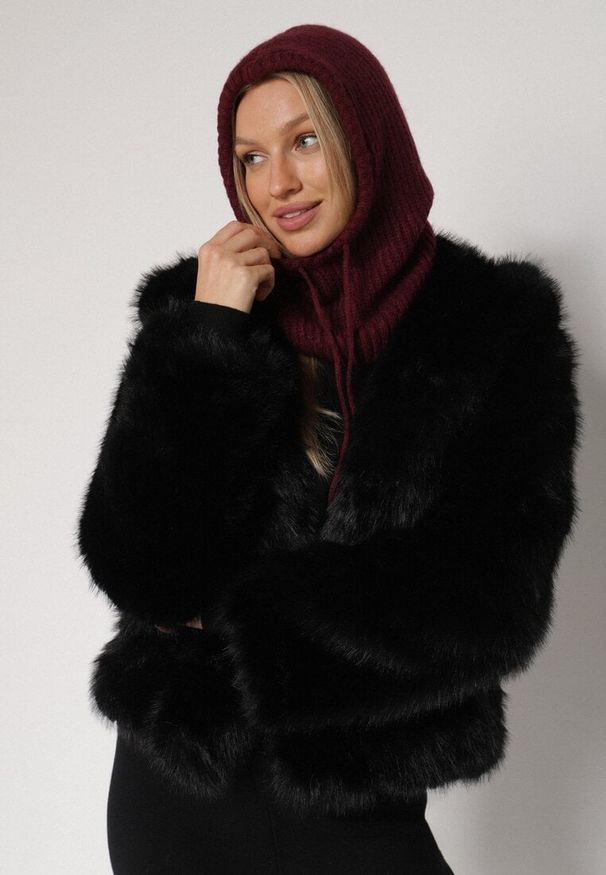 Born2be - Bordowa Czapka Kominiarka z Wełną o Kroju Kaptura z Kominem Linezra. Kolor: czerwony. Materiał: wełna. Styl: casual, elegancki