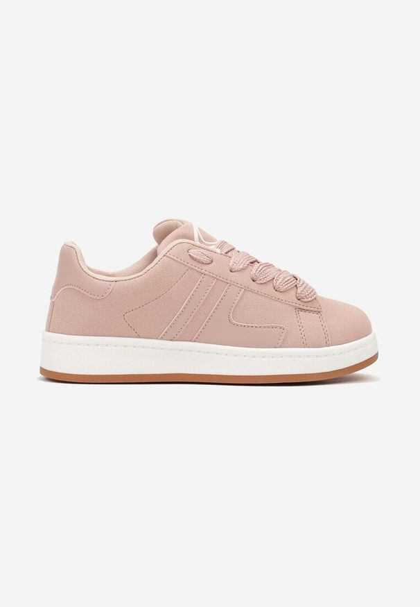Renee - Różowe Sneakersy na Płaskiej Podeszwie Ozdobione Geometrycznym Motywem Neviliana. Nosek buta: okrągły. Zapięcie: sznurówki. Kolor: różowy. Materiał: materiał. Wzór: aplikacja, geometria. Obcas: na płaskiej podeszwie. Wysokość obcasa: niski