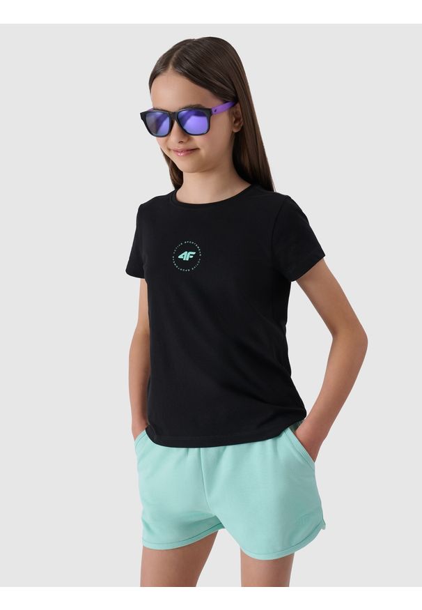 4f - 4F T-shirt z bawełny organicznej gładki dziewczęcy - czarny 146 (10-11 lat). Okazja: na co dzień. Kolor: czarny. Materiał: bawełna. Wzór: gładki. Sezon: lato. Styl: sportowy, casual