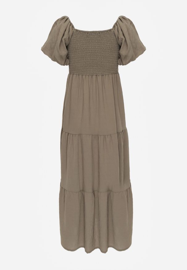 Renee - Ciemnozielona Sukienka z Wiskozy o Rozkloszowanym Kroju z Bufiastymi Rękawkami Rosena. Kolor: zielony. Materiał: wiskoza. Długość rękawa: krótki rękaw. Sezon: lato. Typ sukienki: rozkloszowane. Długość: maxi