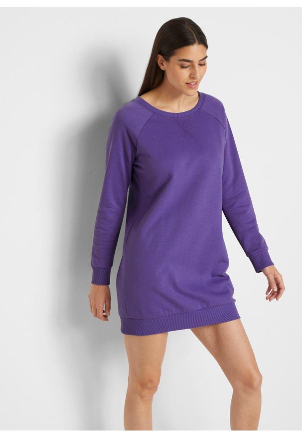 bonprix - Sukienka dresowa z miękkiego materiału frotte. Kolor: fioletowy. Materiał: materiał, dresówka. Długość rękawa: raglanowy rękaw. Wzór: prążki
