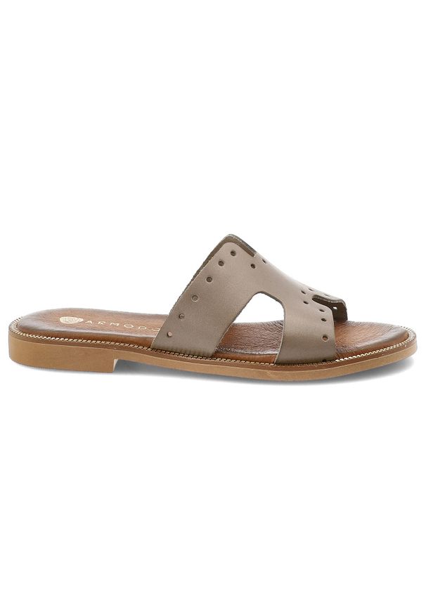 Szare Klapki Armodo Wsuwane Obuwie Damskie. Kolor: szary. Materiał: skóra. Wzór: ażurowy. Sezon: lato. Obcas: na płaskiej podeszwie. Styl: elegancki