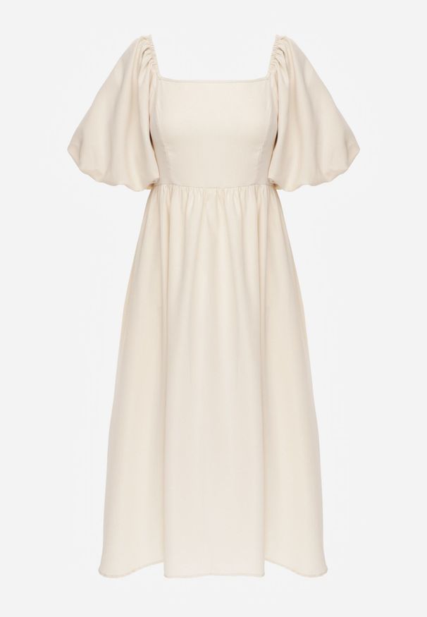 Born2be - Beżowa Rozkloszowana Sukienka Midi z Bufiastymi Rękawami i Kwadratowym Dekoltem Ceania. Okazja: na co dzień. Typ kołnierza: dekolt kwadratowy. Kolor: beżowy. Wzór: gładki. Typ sukienki: proste. Materiał: tkanina. Sezon: lato. Styl: casual, elegancki. Długość: midi