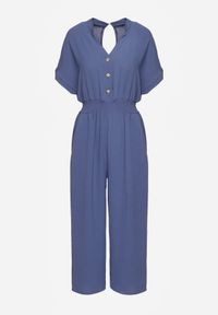 Renee - Granatowy Taliowany Kombinezon z Wiskozy Zapinany na Guziki Frisea. Kolor: niebieski. Materiał: wiskoza #3