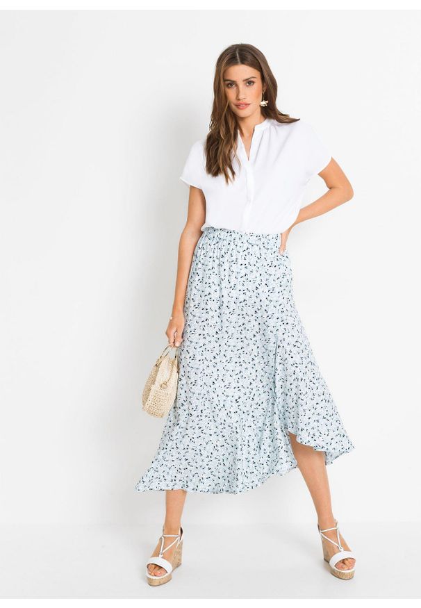 bonprix - Bluzka z krótkim rękawem i krytą plisą guzikową. Typ kołnierza: dekolt w serek. Kolor: biały. Długość rękawa: krótki rękaw. Długość: krótkie