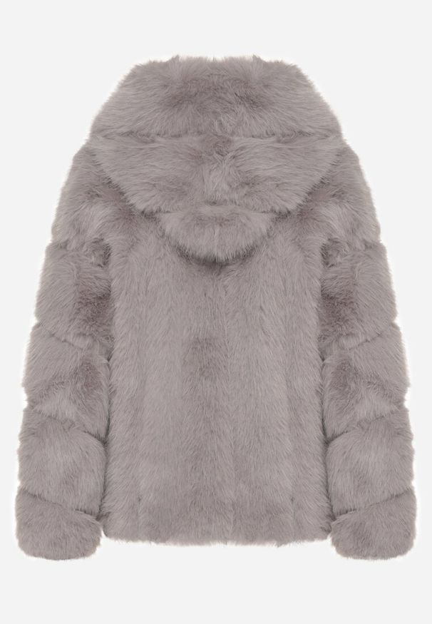 Born2be - Szara Futrzana Kurtka z Kapturem Daviella. Typ kołnierza: kaptur. Kolor: szary. Materiał: futro. Wzór: aplikacja