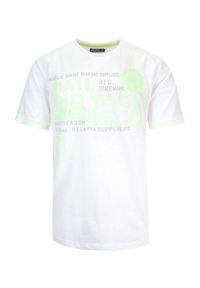 MCL - T-Shirt Męski Biały z Zielonym Nadrukiem, Koszulka, Krótki Rękaw, U-neck. Okazja: na co dzień. Kolor: zielony, biały, wielokolorowy. Materiał: bawełna. Długość rękawa: krótki rękaw. Długość: krótkie. Wzór: nadruk. Sezon: wiosna, lato. Styl: casual #1