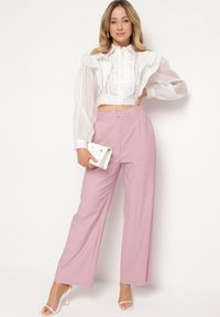 Born2be - Różowe Szerokie Spodnie Paper Bag z Paskiem i Kieszeniami Wrenika. Kolor: różowy. Materiał: materiał #5