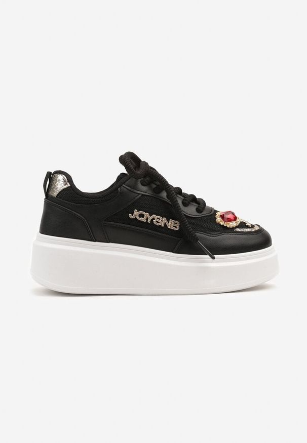 Born2be - Czarne Sneakersy na Platformie z Metalicznymi Ozdobami Falonela. Kolor: czarny. Materiał: jeans. Wzór: aplikacja. Obcas: na platformie