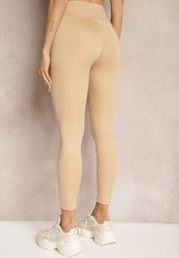 Renee - Beżowe Legginsy High Waist z Gumką w Pasie Cloen. Okazja: na co dzień, na spacer. Stan: podwyższony. Kolor: beżowy. Styl: klasyczny, casual
