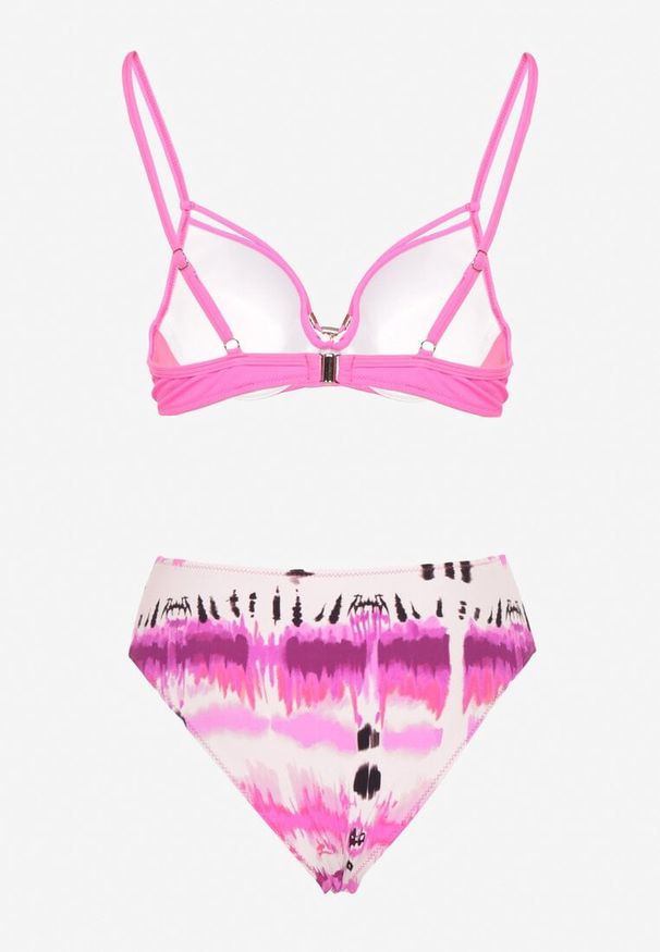 Born2be - Fuksjowe Bikini Biustonosz Push-Up z Ozdobnymi Paskami i Majtki Typu Figi Kinrisa. Kolor: różowy. Wzór: aplikacja
