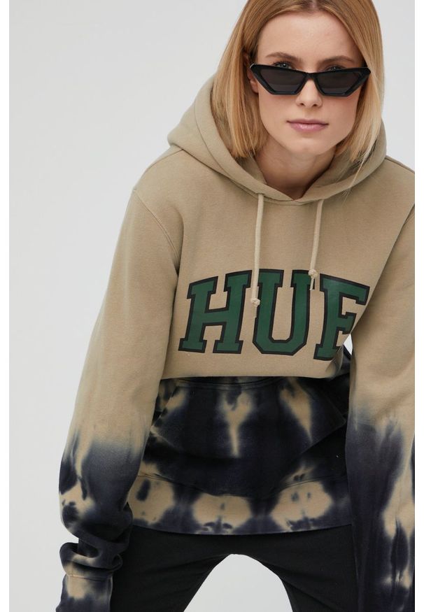 HUF Bluza kolor beżowy z kapturem z nadrukiem. Okazja: na co dzień. Typ kołnierza: kaptur. Kolor: beżowy. Materiał: dzianina. Wzór: nadruk. Styl: casual