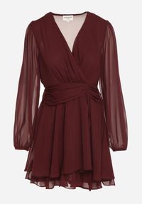 Born2be - Bordowa Rozkloszowana Sukienka z Siateczki z Kopertowym Dekoltem Zenessa. Typ kołnierza: dekolt kopertowy. Kolor: czerwony. Materiał: poliester, materiał. Typ sukienki: kopertowe #7